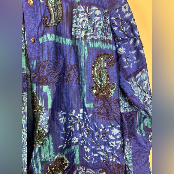 Vntg Chico's Design Silk Raw Blue Paisley Beaded Button Up Jacket Blouse Sz 1 - Picture 3 of 10